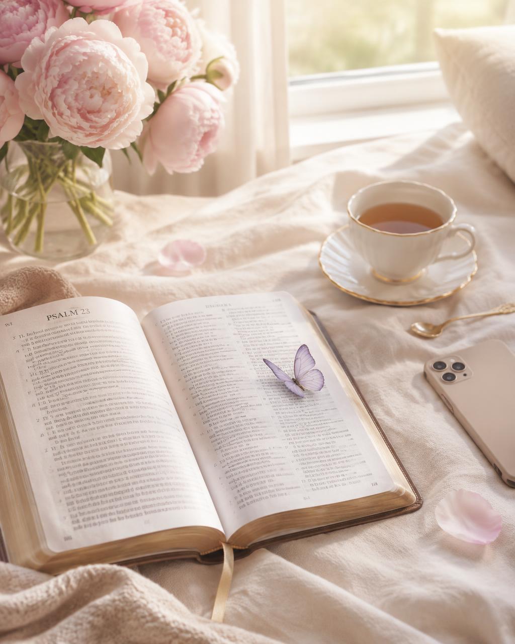 An open Bible beside tea and a phone turned face-down, with a butterfly resting on the page